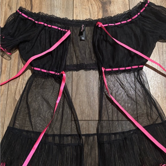Vintage Y2K 2006 Sheer Pleated Milk Maid Tie Babydoll Black Pink Ribbon - Picture 3 of 6